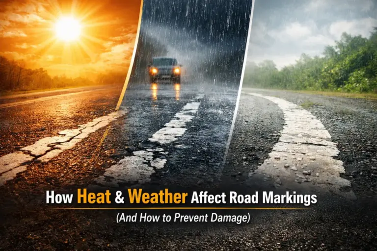 Road split between sunny heat and heavy rain, symbolizing weather's effect on road markings