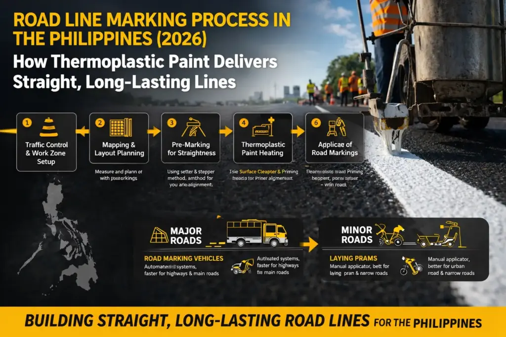 Infographic on the road line marking process in the Philippines, showing steps from traffic control setup to thermoplastic paint application on major and minor roads