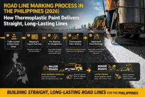 Infographic on the road line marking process in the Philippines, showing steps from traffic control setup to thermoplastic paint application on major and minor roads